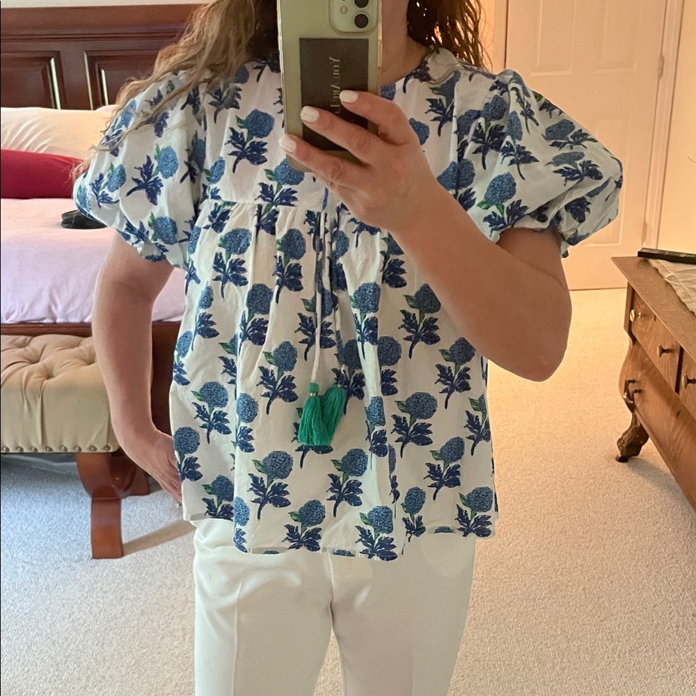 THML White Blouse with Blue Floral Print and Green Tassel Tie